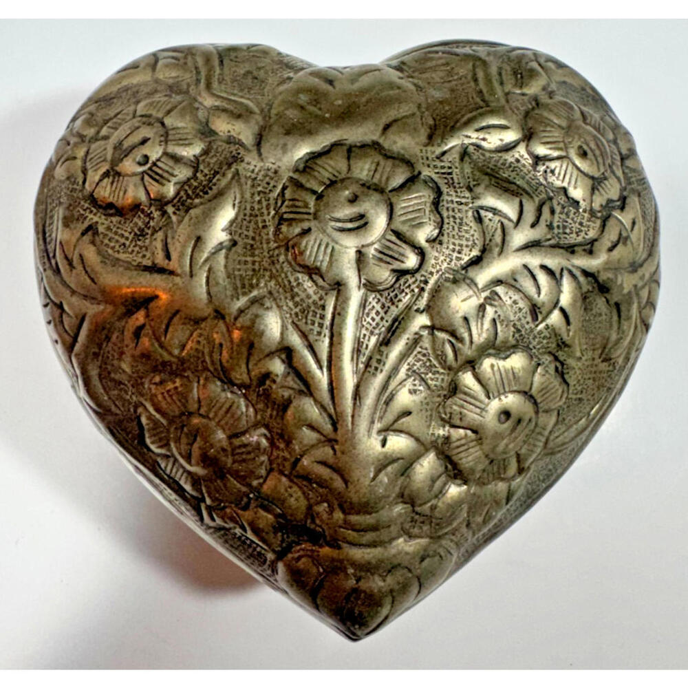 Vintage Hollow Heart Trinket Box Ornate Floral Embossed 5" X 5" X 4"